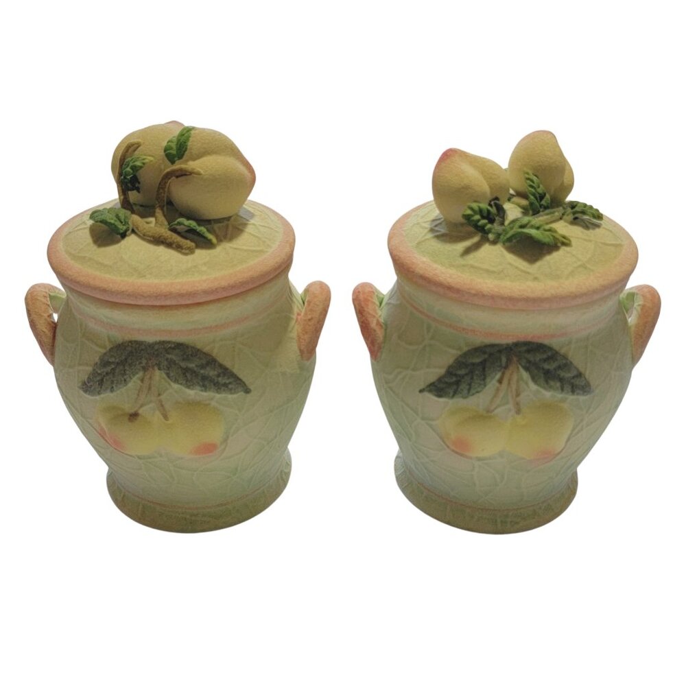 Set of 2 Crackle Ceramic Pastel Green Apricot Fruit Jars with Lids (EUC)
